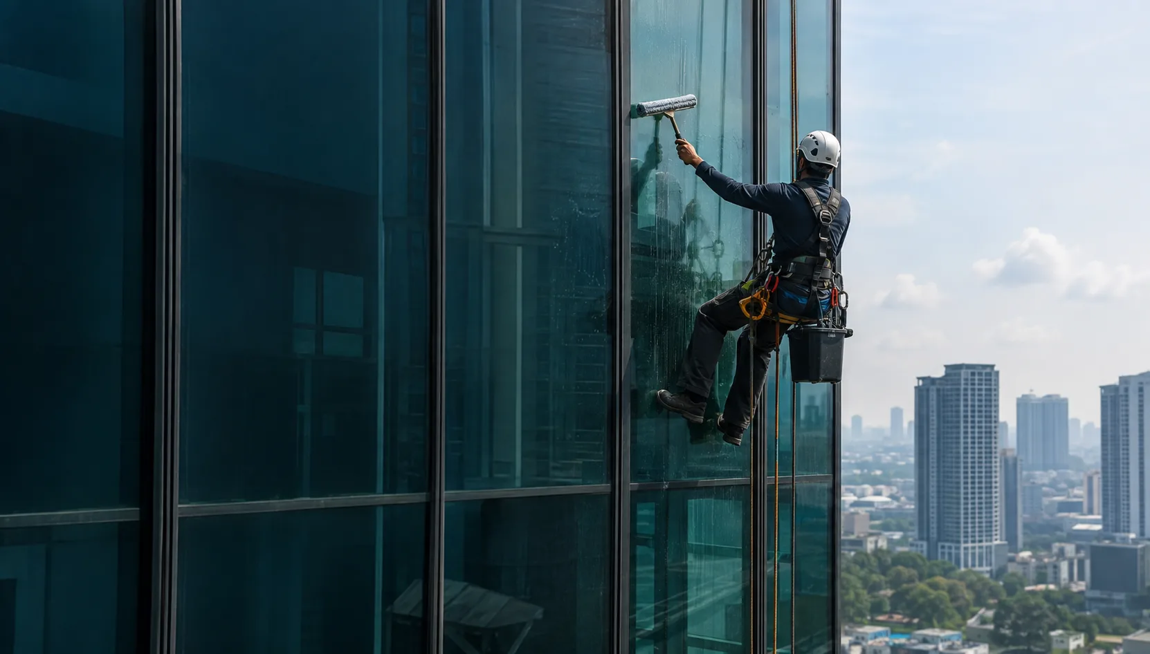 Rope-access technician cleaning the exterior glass of a high-rise building