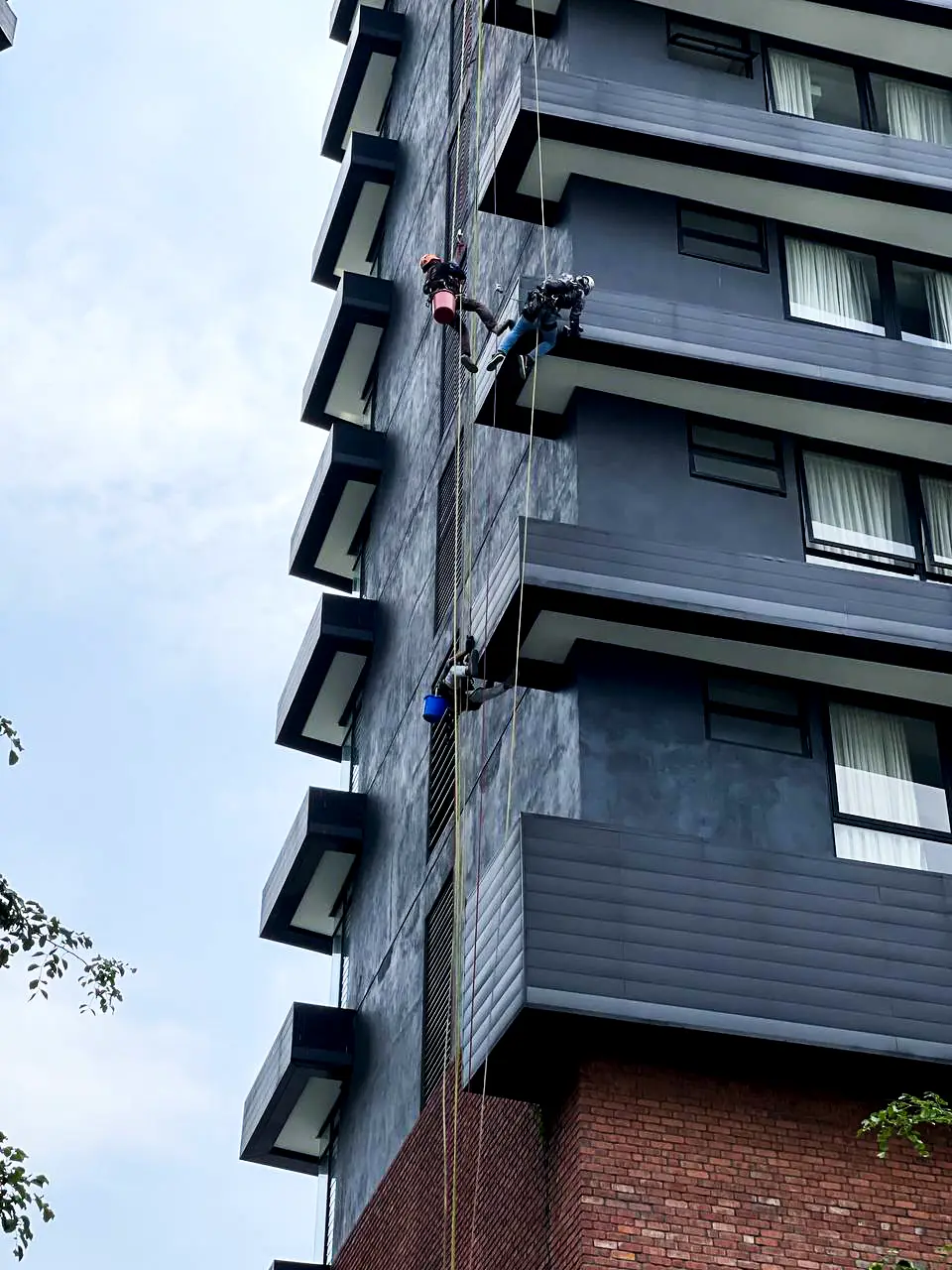 Rope-access technicians carrying out façade cleaning